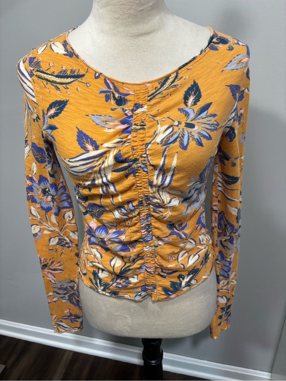 Free People Floral Ruched Long-Sleeve Top - Mustard